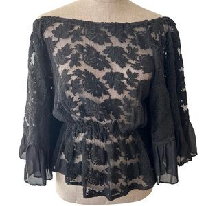 Revolve Line & Dot Off the Shoulder Sheer Ruffled Puff Flutter Sleeve Blouse